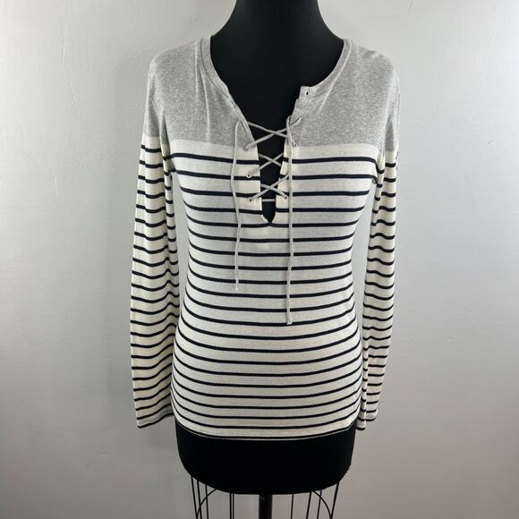 MAJESTIC FILATURES Lace Up Gray Deluxe Tee Shirt Long Sleeve Stripe Size 1 RARE - Picture 2 of 10